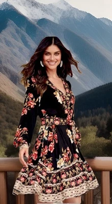 Venus Dress 6 Black Floral Cottagecore Belted Twirly Fit And Flare Rayon Mini - Image 1 of 4