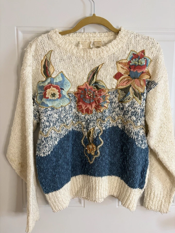 Suéter tejido vintage años 80 agujas e hilo bordado y cuentas talla s Foto 1 de 4