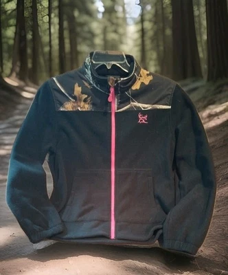 Bushmaster Fleece Jacket- Black/Tree Camo, Mock Neck, Full Pink Zip, Size L - Image 1 of 4