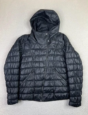 Chaqueta Columbia para mujer grande negra con capucha acolchada acolchada con cremallera Asym Foto 1 de 4