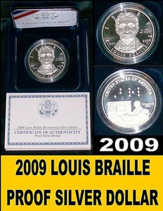 2009 Silver Proof Louis Braille Dollar W/Sleeve & Certificate Of Authenticity - Picture 1 of 12
