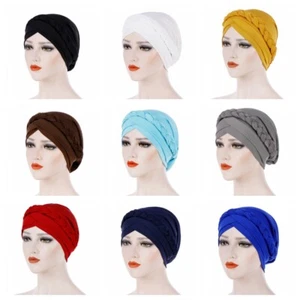 Damen Solide Uni Geflochten Beanie Stretch Elastisch Mütze Kopfbedeckung Stirnband Kappe - Bild 1 von 15