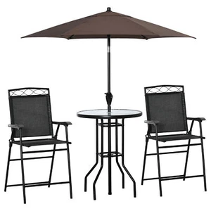 4 Piece Patio Bar Bistro Set Round Table with 2 Folding Chair Umbrella Outdoor - Picture 1 of 11