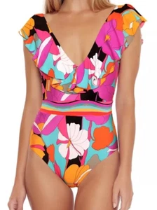 Trina Turk Gemini Ruffle Maillot 1pc Swimsuit Bright Multicolor Size 6 New - Picture 1 of 4