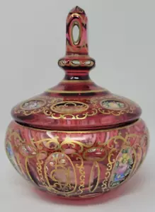 Antike böhmische tschechische Cranberry Glas überzogene Süßigkeitenschale 1890 Blumen - Bild 1 von 24