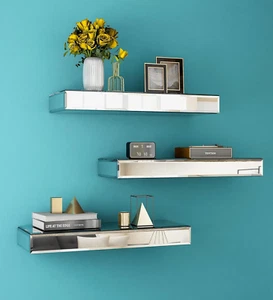 Mirrored Floating Shelves for Wall, Set of 3 Glass Wall Shelves for Bathroom Dec - Picture 1 of 7