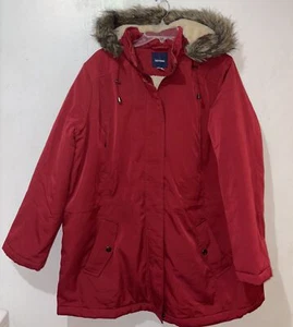 Basic Editions Parka Coat Womens 1x Red Hooded Beige Fleece Lined - Picture 1 of 8