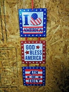 Unique 4th of July Patriotic Block Hanging Decorative Tree 5.5" Wall Plaques - Picture 1 of 6