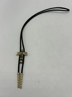 Винтажный галстук-боло в индейском стиле тотемный слайд золотистый черный кожаный - Изображение 1 из 4