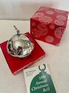 1991 Wallace Silversmiths Annual Silver Plated Sleigh Bell Ornament Box - Bild 1 von 2