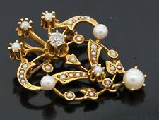 Antique 14K gold beautiful .33CTW diamond & 5.4mm pearl flower brooch/pendant