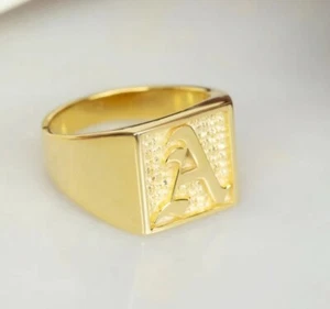 Unisex Gothic Initial Letter Solid Metal Ring 14k Yellow Gold Plated Silver - Picture 1 of 5