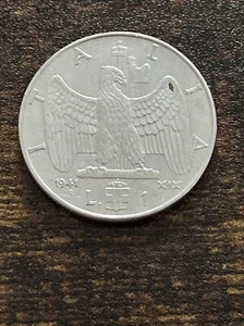 1941 Italy 1 Lira R XlX. One Dollar Eagle Actual Coin TK7610* - Picture 1 of 3