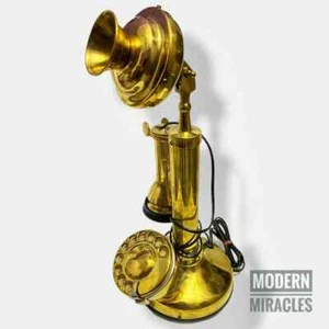 Gold Vintage Candlestick Phone Full Brass Telephone Wired Landline Rotary Dial - Picture 1 of 3