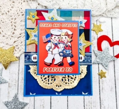 Handmade USA STARS & STRIPES FOREVER Vintage Sailors 4th of July Patriotic Card - Image 1 of 2