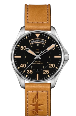 Reloj para hombre Hamilton caqui piloto de aviación automático esfera negra correa de cuero H64645531 Foto 1 de 4