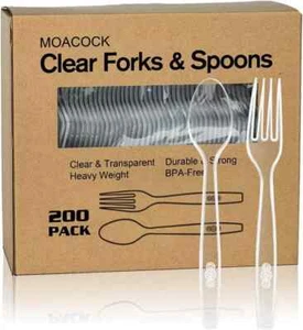 200 Count Plastic Silverware, Heavy Weight 100forks100spoons, Clear - Picture 1 of 4