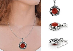 Red Coral 925 Sterling Silver Pendant W/Enhancer Bail & 18" Chain W/2" Extender - Picture 1 of 6