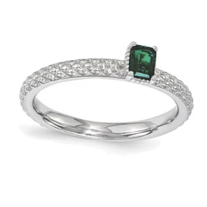 Lex & Lu Sterling Silver Stackable Exp. Created Emerald Single Stone Ring 7940 - Picture 1 of 3
