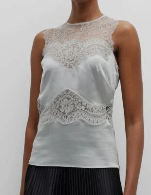 $965 Alberta Ferretti Mujer Gris Encaje Sin Mangas Seda Top Talla IT 42/US 6 Foto 1 de 4