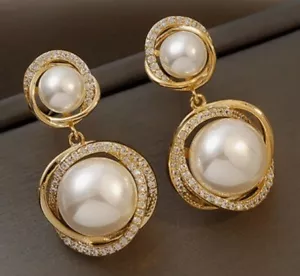 New UK Women Ladies Jewelry Pearl Rhinestone Retro Drop Earrings Gold - Picture 1 of 6