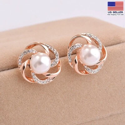 Elegant Women Crystal Pearls Earrings Pinwheel Hollow Flowers Style Stud 1271 - Image 1 of 4