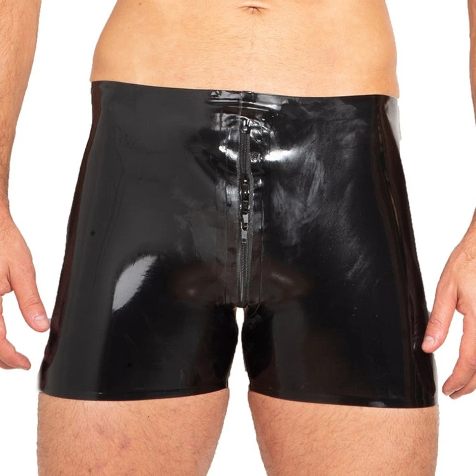 Schwarz Herren Latex Shorts Schrittreißverschluss Gummi Unterwäsche 0.4mm - Bild 1 von 4