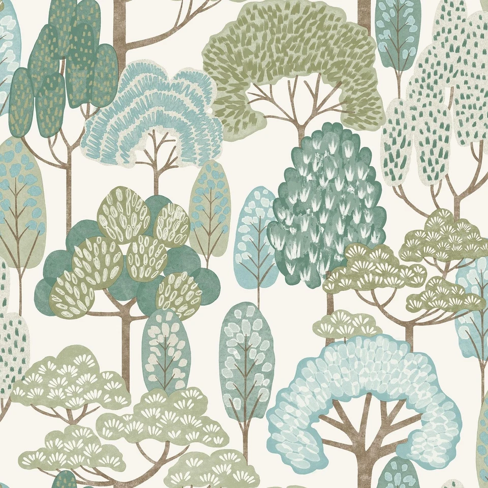 Happy Trees Wallpaper Teal Grandeco LD2109 Kids Forest Print