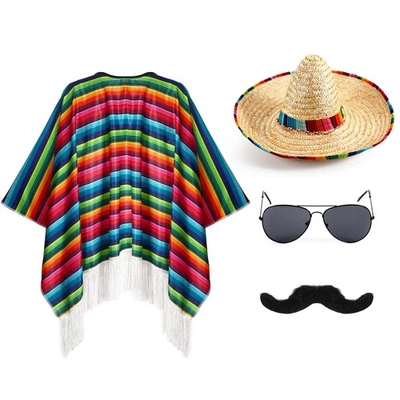 Conjunto de accesorios de disfraz mexicano: poncho Serape, sombrero, gafas de sol y... Foto 1 de 4