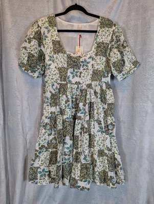 Raga Anthropologie Midi 拼布连衣裙棉衬里 S 码绿色波西米亚农民  — 第 1/4 张图片