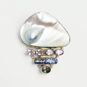 Enorme colgante grueso de plata de ley 925 abulón y amatista hecho a mano - Imagen 1 de 3