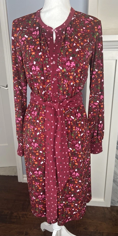 Vestido Talbots outono floral com cinto tamanho pequeno manga longa laranja cranberry contraste - Imagem 1 de 4
