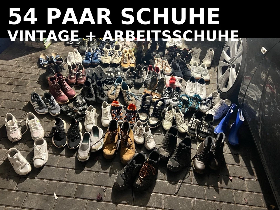 54 Paar Schuhe Konvolut – Vintage + Arbeitsschuhe – Damen/Herren/Kinder - Bild 1 von 4
