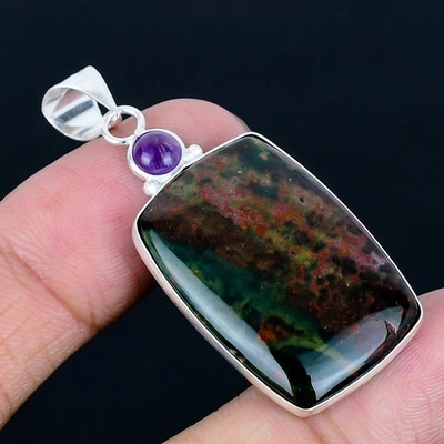 Colgante hecho a mano enchapado en plata 925 con piedra de sangre de 1,97" Foto 1 de 3