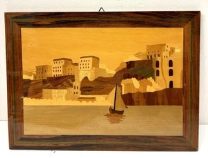 Vintage MCM Wood Marquetry Inlay Folk Wall Art Scenic Town Boat Italy 15.5x11.5 - Picture 1 of 7
