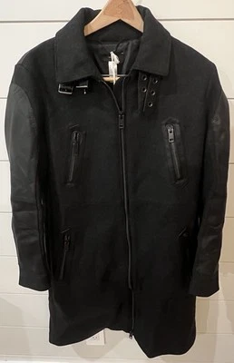 Diesel 女式黑色羊毛大衣/风衣山羊皮皮革袖子 M 码 — 第 1/4 张图片