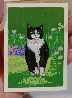ACEO Original Abstract Black and White Cat, Feline Miniature Art - Image 1 of 3
