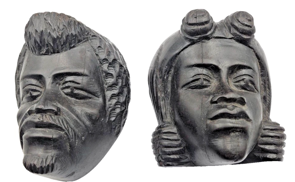 ANCIENNE PAIRE DE 2 TETES  HOMME FEMME AFRICAIN EN EBENE SCULPTE - Photo 1/4
