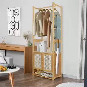 Ultra Tall Bamboo Clothes Rack Open Closet with Cabinet & Shelf & Hanging Rod - Picture 1 of 12