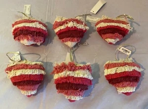 Pier 1 Shabby Chic Fabric Ornaments Tassel Style Pink Red Ivory Heart Set Of 6 - Picture 1 of 4