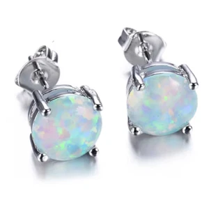 2Ct Lab-Created Fire Opal Solitaire Womens Stud Earrings 14K Real White Gold - Picture 1 of 6