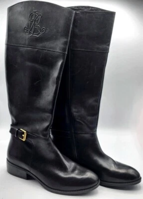 $185 BOTAS ALTAS DE CUERO RALPH LAUREN MADISEN Negro Tacón Bloque Talla 5.5 Foto 1 de 4