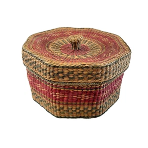 Hand Woven Grass 6" Sewing Trinket Basket w/ Lid - Picture 1 of 11