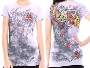 Vocal Top Size S M L Purple Wings Tribal Roses Rhinestone Bling Womens Shirt New - Picture 1 of 4