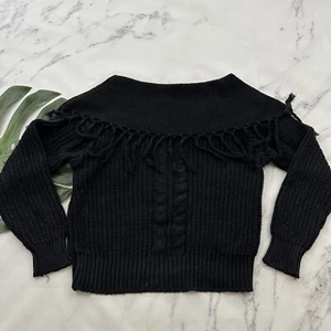 Fino Internationale Womens Vintage 90s Chunky Sweater Size L Black Fringe Cable - Picture 1 of 11