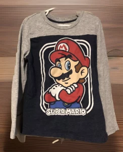 T-shirt ragazzo Nintendo Super Mario manica lunga taglia 7 maglietta grafica blu grigia - Foto 1 di 6
