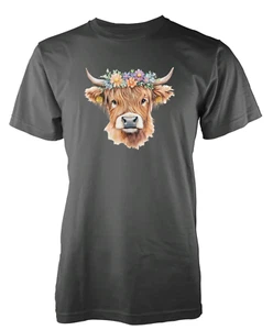 Linda camiseta única de vaca Highland con cuernos y flores regalo novedad adulto y niños - Imagen 1 de 20