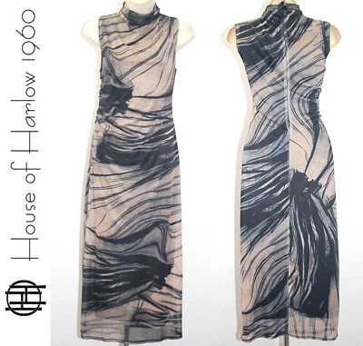 HOUSE OF HARLOW 1960 Gathered Mock Neck Stretch Mesh Midi Dress sz M - Image 1 of 4