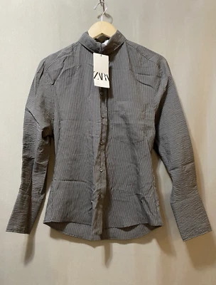 NUEVO CON ETIQUETAS ZARA Mujeres Dolman Manga Larga Cuello Cintura Ajustada Camisa Talla Xs Gris Rayas Foto 1 de 4