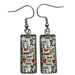 Love Letter Valentines Day Rectangle Glass Cabochon Dangle Earrings - Picture 1 of 6